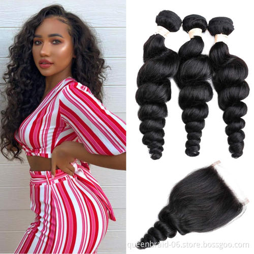 Brazilian Loose Wave Bundles with Closure Virgin Human Hair Bundles with 100% Unprocessed Human Hair Extensions Natural Color
